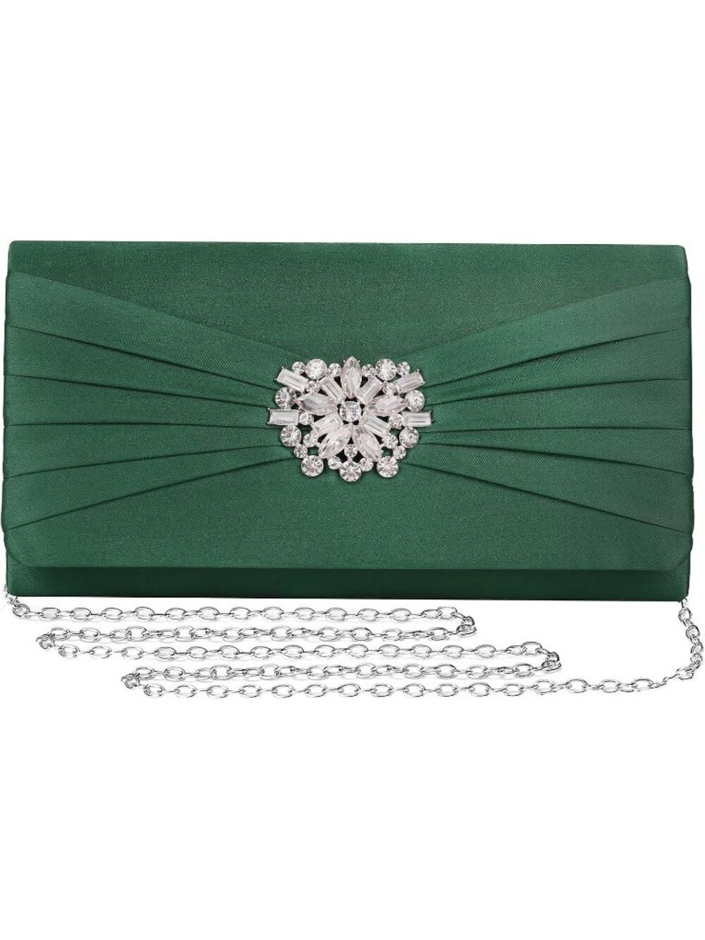 Womens Green Satin Rhinestone Clutch Prom Detachable Chain Evening Bag